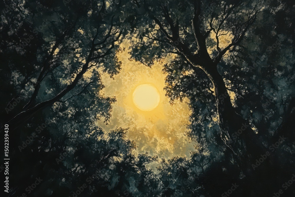 Poster sunlight filtering through a vibrant tree canopy in a tranquil forest setting during late afternoon,