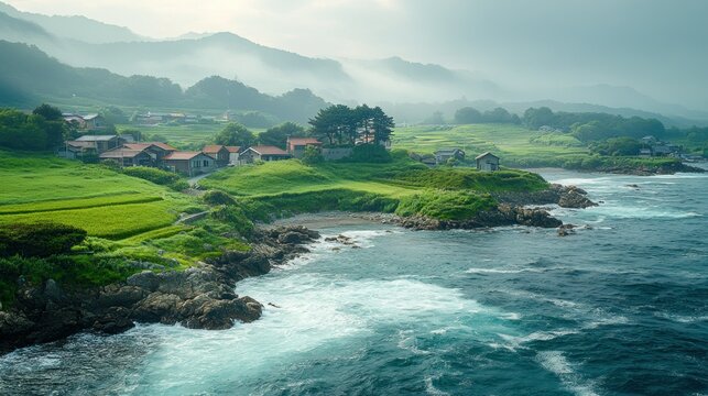 Misty coastal village nestled in a valley, with rolling hills and crashing waves