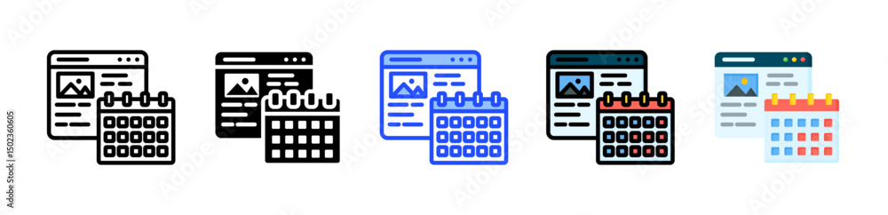 Poster content calendar icon collection with multiple styles