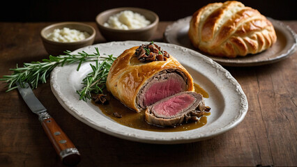 Gourmet Beef Wellington, beautifully presented with a rich gravy.