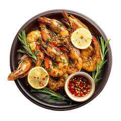 A top view of grilled shrimps on a dark plate with lemon slices and rosemary sprigs and dipping sauce