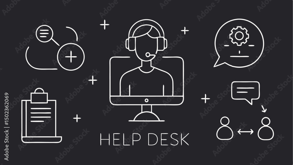 Poster outline stroke icons featuring help desk and customer support services designed for websites mobile 