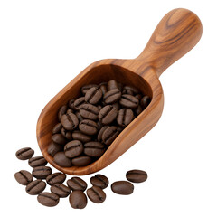Obraz premium Roasted Coffee Beans in Wooden Scoop Overflowing.