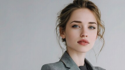 Young Woman Portrait in Studio Setting Against Gray Background