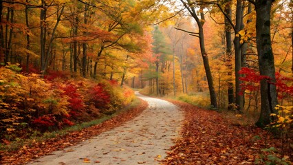 A peaceful forest path blanketed with colorful autumn leaves, inviting a serene walk through nature’s seasonal display.