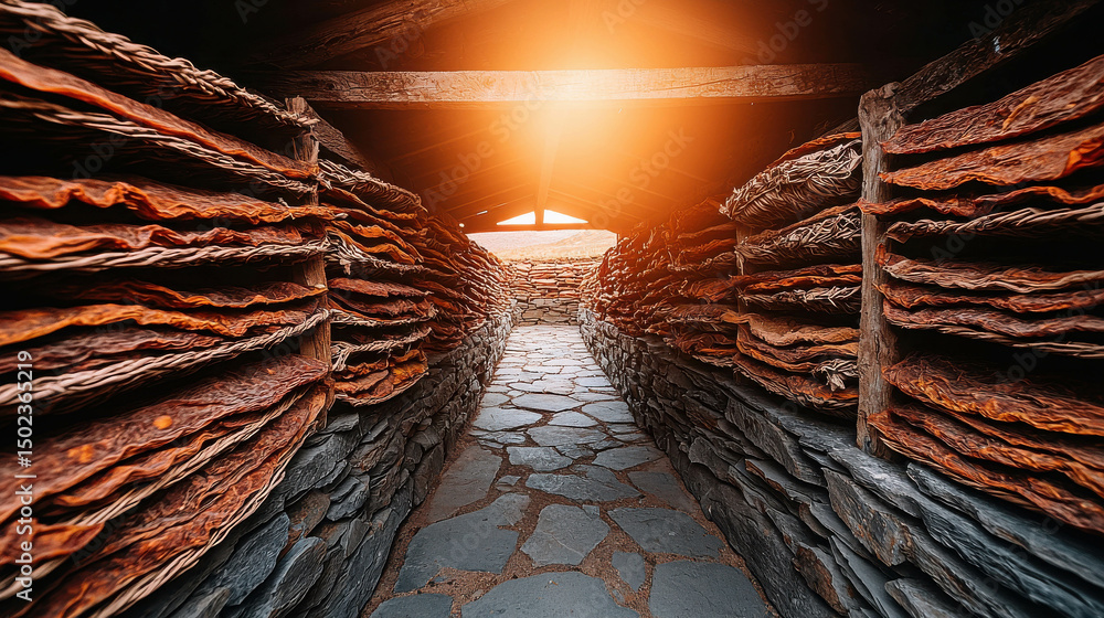 Poster sunlit pathway between shelves of textured drying material in rustic stone structure