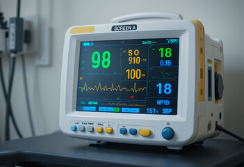 Close up of a modern medical vital signs monitor displaying patient health data in hospital room