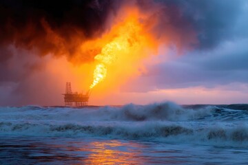 Obraz premium Dramatic Offshore Oil Rig Flames Erupting Through Stormy Clouds