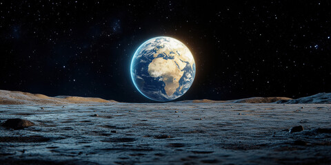 A crescent Earth over a lunar ocean in high-fidelity detail.