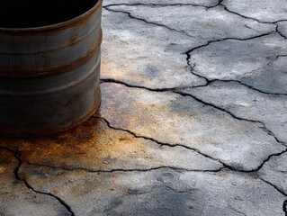 Cracked Ground with Leaking Barrel of Toxic Sludge Posing Environmental Risk