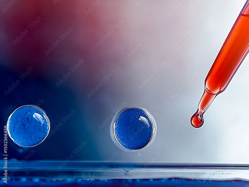 Poster scientific experiment with pipette dispensing liquid into sample wells for laboratory analysis and r