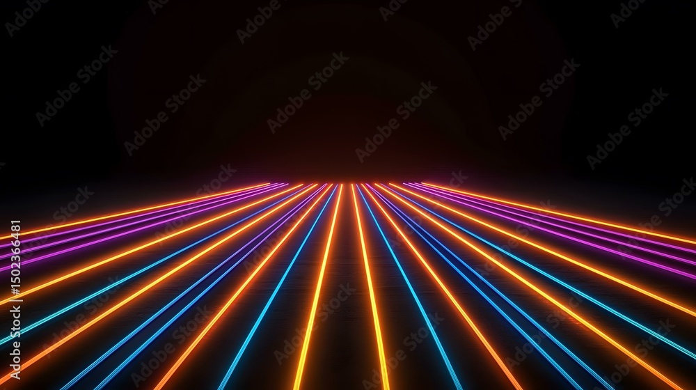 Poster the image shows a dark background with multiple parallel lines of neon light in orange, blue, and pu
