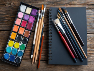 Neatly arranged art supplies including watercolor palette, brushes, sketchbook, and colored pencils on a textured wooden background, premium soft studio lighting.