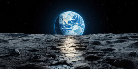 A glowing lunar river under a full Earth captured in high fidelity.