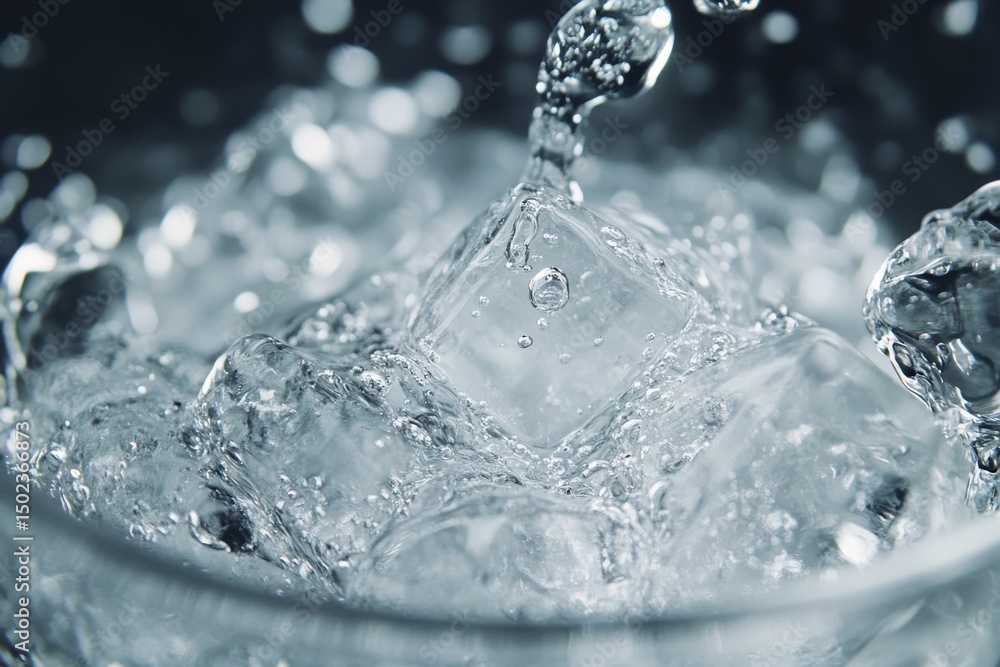 Poster fizzing carbonated drink with ice cubes sparkling in closeup view, carbonated drink fizzing with ice