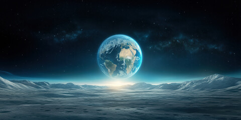 A panoramic view of lunar waters illuminated by Earth's glow.