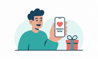 Engaging Young Man Holding Smartphone With Donate Now Message Encouraging Charitable Contributions and Gift Giving Concept for Fundraising Campaigns