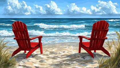 Beach chairs on the sand, ocean view