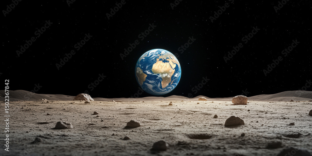 Poster earth's reflection on the moon's surface in a shimmering visual display.