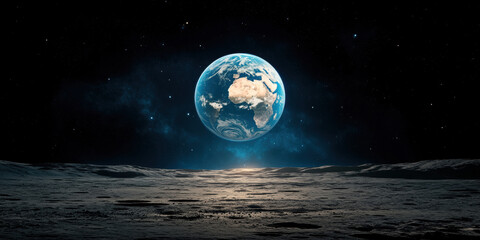 Earth's reflection on a lunar sea surface in a high-fidelity image.