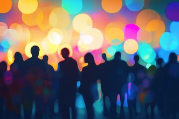 Silhouettes of concert goers enjoying vibrant lights and music at an outdoor festival in the evening, Silhouettes of people at a concert, defocused background