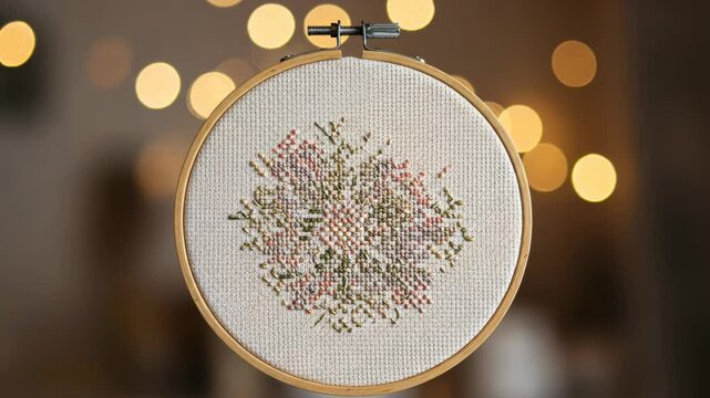 Delicate floral cross-stitch design displayed in an embroidery hoop