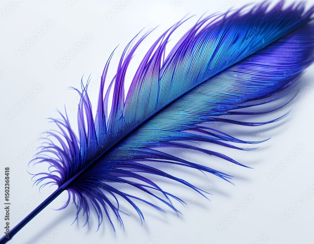 Poster close up image of a vibrant blue and purple bird feather with delicate fine strands and gradient col