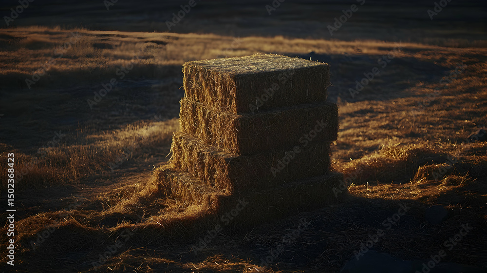 Poster golden hour illuminates a stack of hay bales in a sun-drenched field, creating a rustic and serene s