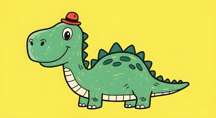 A humorous crayon-style doodle of a smiling green dinosaur wearing a tiny red hat. Childlike and full of innocent fun, perfect for kids’ materials.