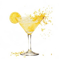 Lemon cocktail with zest in a glass on white background