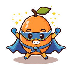 Cute orange superhero fruit character in blue cape and mask. Fun cartoon vector perfect for Father's Day, kids’ design, posters, or fruit-themed illustrations