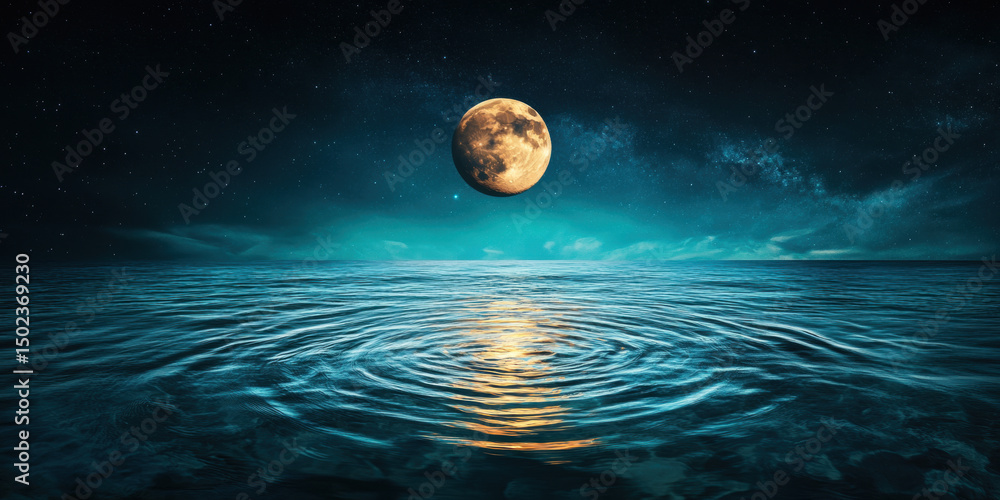 Poster a distorted reflection of a planet influenced by the moon in a high-quality image.