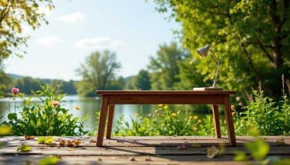 Naklejka premium a tranquil outdoor setting with a small wooden bench sitting on a patio overlooking water, possibly a lake or river