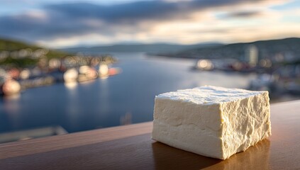 A block of firm white cheese on a wooden surface, with a scenic coastal backdrop