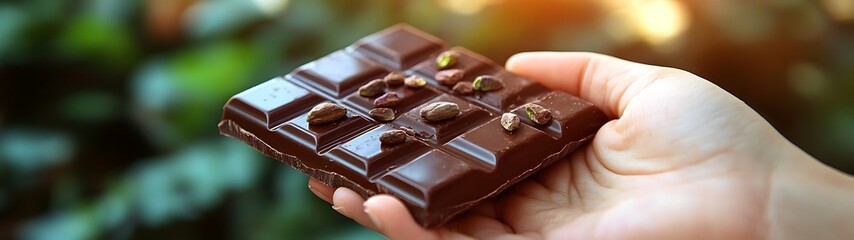 Hand holding dark chocolate bar with nuts