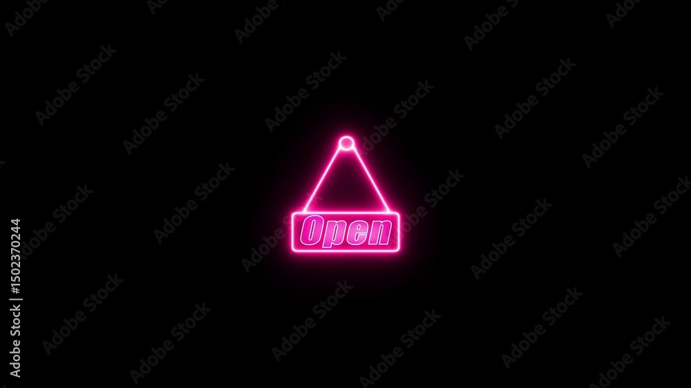 Poster isolated neon open text neon sign animation on black background. open text neon sign blinking animat