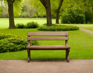 Fototapeta premium A beautiful green park with a brown wooden bench. A natural background. An empty bench in a park.