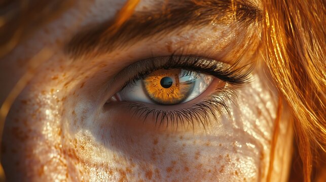 Macro of amber eye with freckled skin.