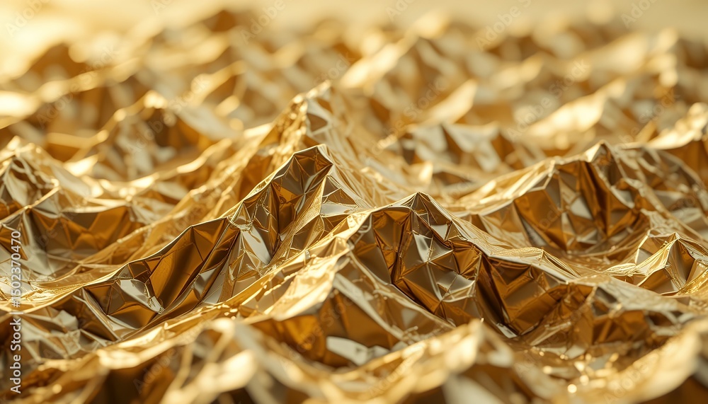 Poster close up view of crumpled metallic golden foil creating abstract textured surface with shiny reflect