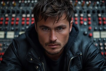 Man in leather jacket, intense gaze