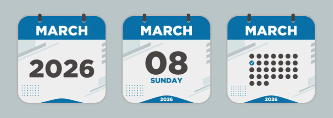 Modern Calendar icon. March. 2026 8 day. The concept of waiting for an important date. Day calendar with date March 8. Cheklist day calendar. Vector illustration.