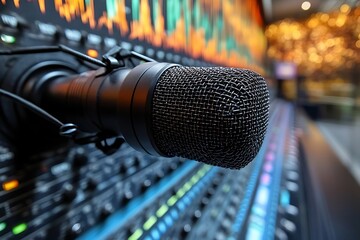 Microphone on mixing console in studio