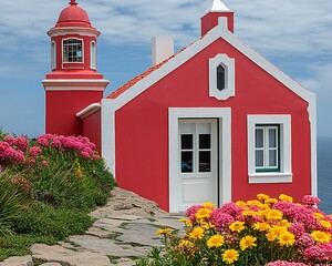 Red coastal chapel with colorful flowers