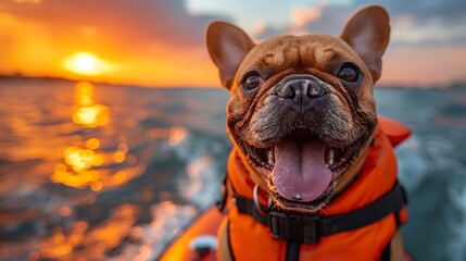 Happy dog enjoying sunset boat ride