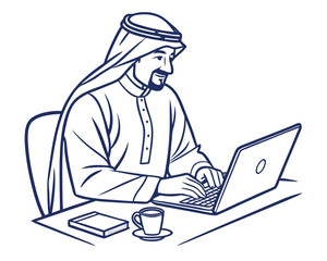 Man in Thobe Using Laptop at Desk with Coffee