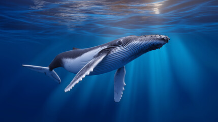 Naklejka premium A majestic humpback whale swimming gracefully underwater with sun rays penetrating the deep blue ocean. 