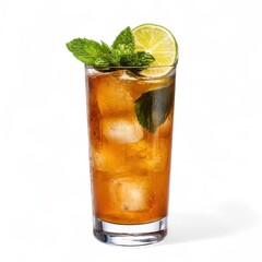 Iced tea with lime and mint garnish on white background