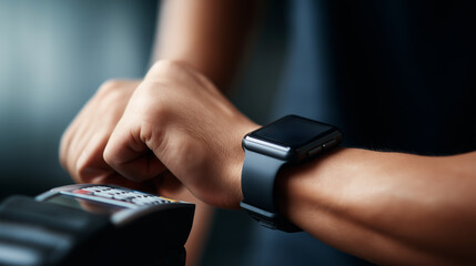 Person making a contactless payment with a smartwatch at a point-of-sale terminal.