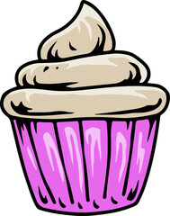Cartoon cupcake with pink wrapper and vanilla frosting