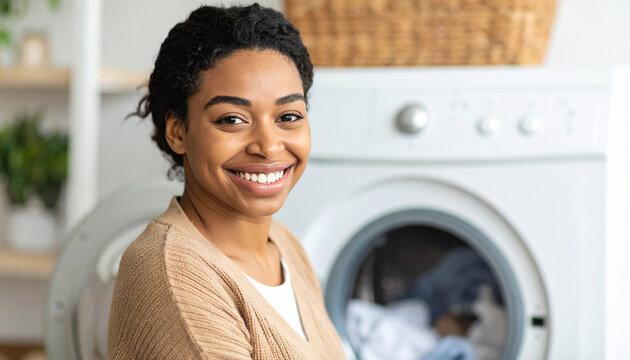 Portrait of a woman smiling next to a washing machine.